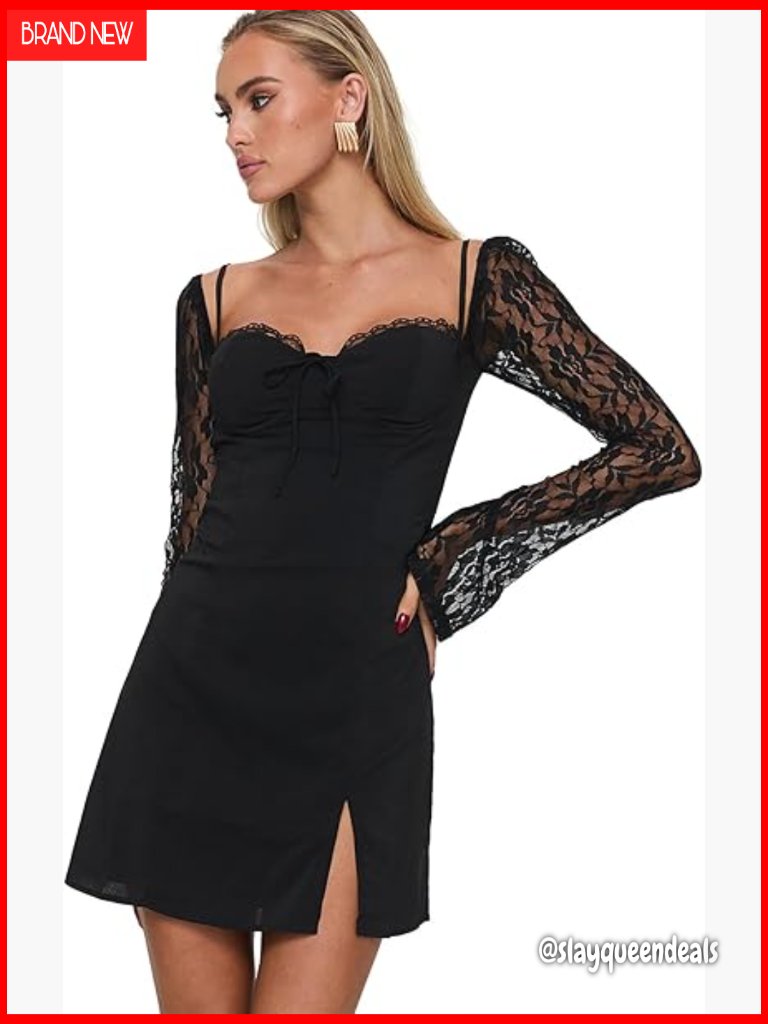 Slim Fit Square Neck Bodycon Mini Dress W/ Lace Sleeves
